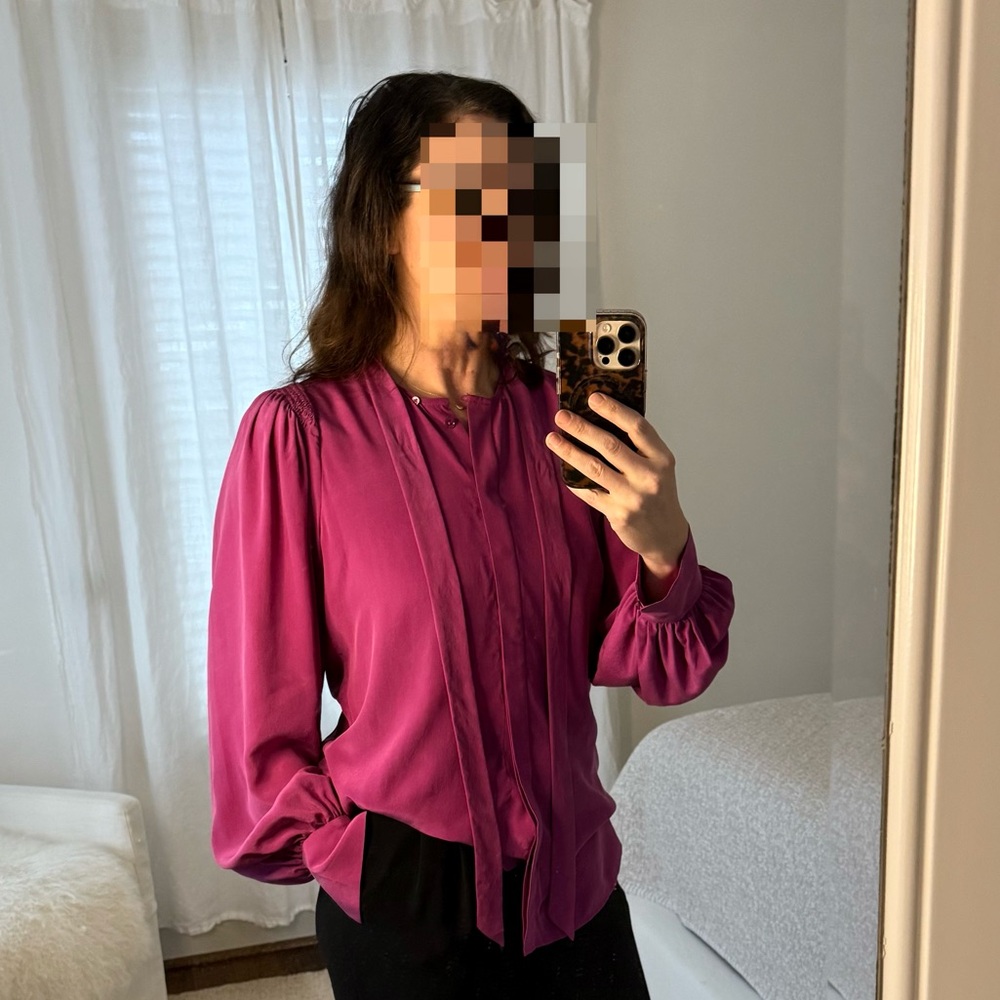 Equipment 100% silk Fuchsia Blouse with Removable Bow-Sz M - Picture 7 of 7